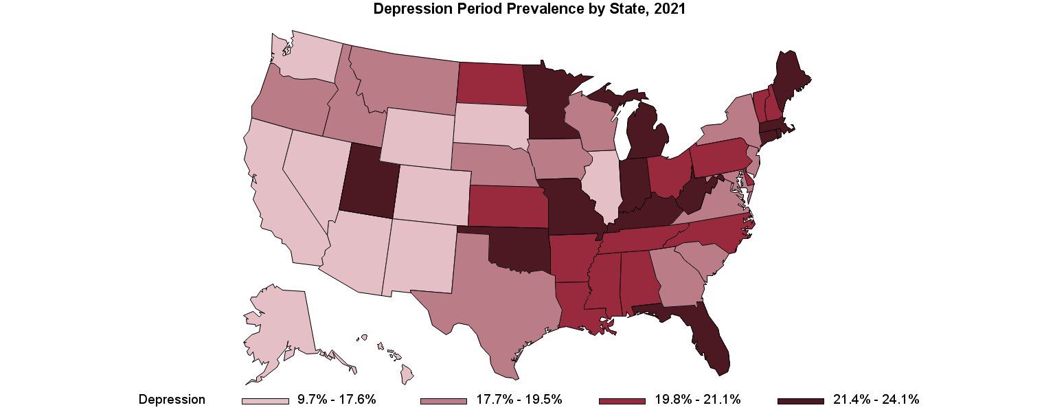 Chart for Depression, Bipolar, or Other Depressive Mood Disorders Period Prevalence by State, 2021