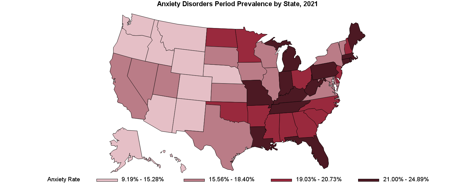 Chart for Anxiety Disorders Period Prevalence by State, 2019