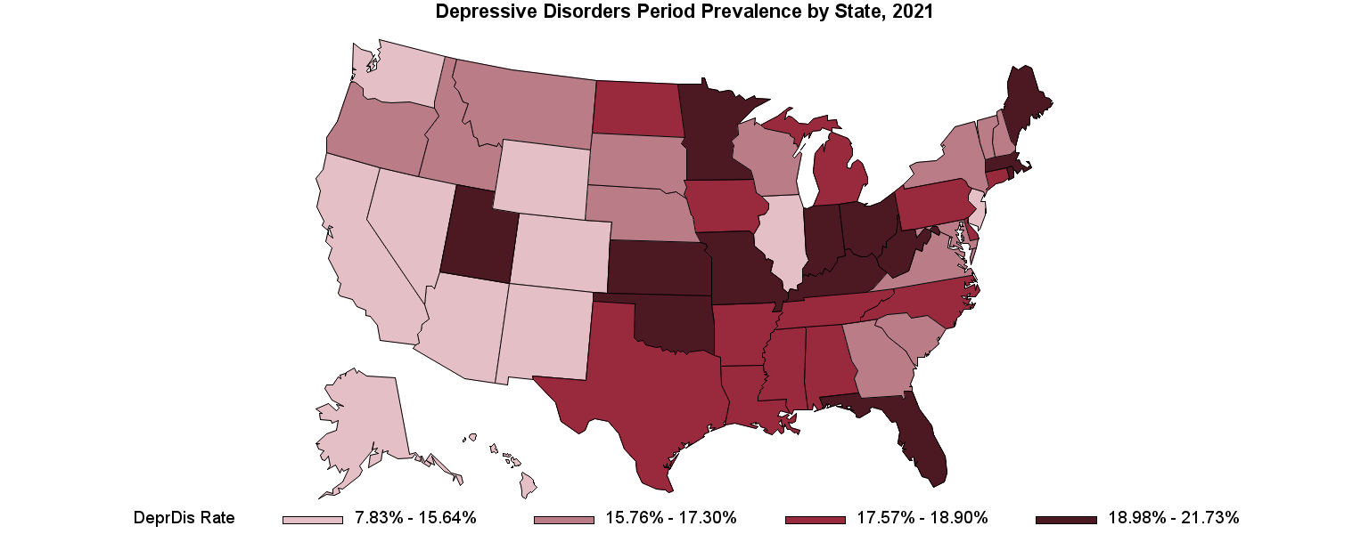 Chart for Depressive Disorders Period Prevalence by State, 2021